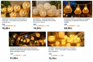 Guirlandes en rotin sphériques suspendues et posées sur un support, lumière chaude, ambiance extérieure et intérieure.