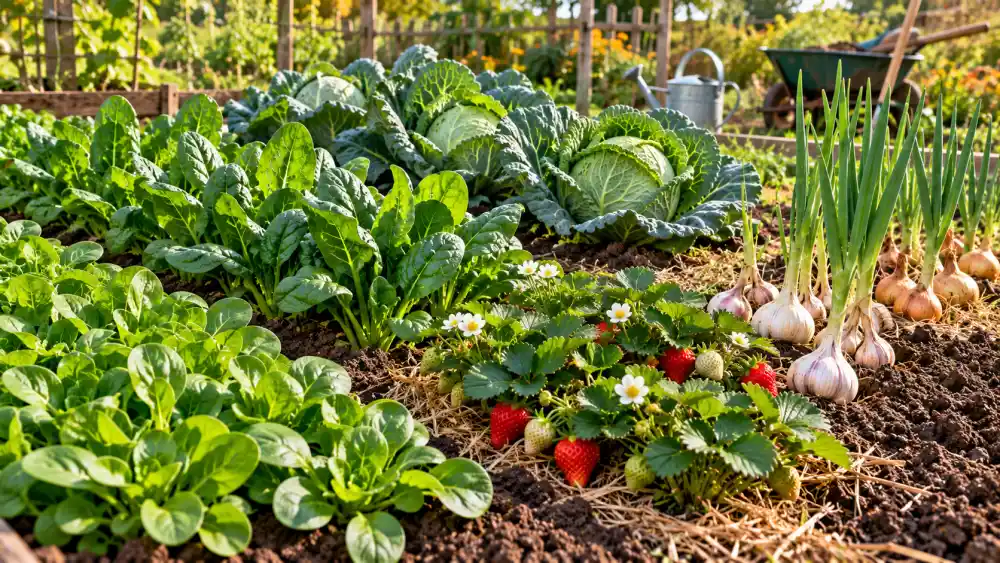 Que planter et récolter au potager en septembre ? Les bons choix (mâche, épinards, choux, fraisiers, ail) + travaux essentiels 2 Vue d'ensemble d'un potager: épinards à gauche, choux au centre, ail vert à droite et fraises rouges au premier plan, paillage de paille.