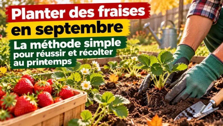 Planter des fraises en septembre : la méthode simple pour réussir et récolter au printemps 7 une main gantée plante une fraise dans le sol, avec un panier de fraises devant et un bandeau coloré en haut à gauche.