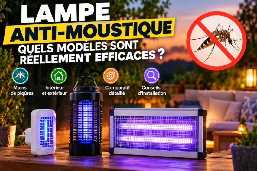 Lampe anti-moustique : quels modèles sont réellement efficaces ? 7 Trois dispositifs anti-moustiques disposés sur une table en bois dans une ambiance extérieure nocturne, avec un grand bandeau publicitaire et un canapé en arrière-plan.