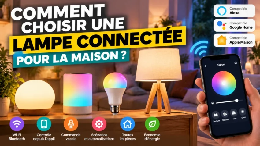 Comment choisir une lampe connectée pour la maison ? 8 Salon avec lampes connectées sur une table en bois: globe lumineux, lampe cylindrique multicolore, lampe à abat-jour et smartphone affichant une roue des couleurs.