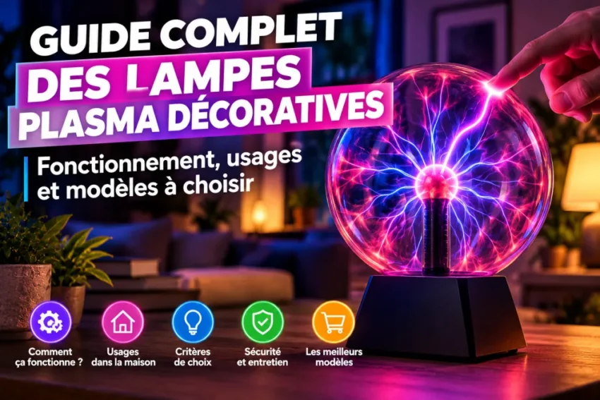 Gros globe plasma violet et rose sur socle noir, une main touche le sommet lumineux; salon avec canapé et plantes