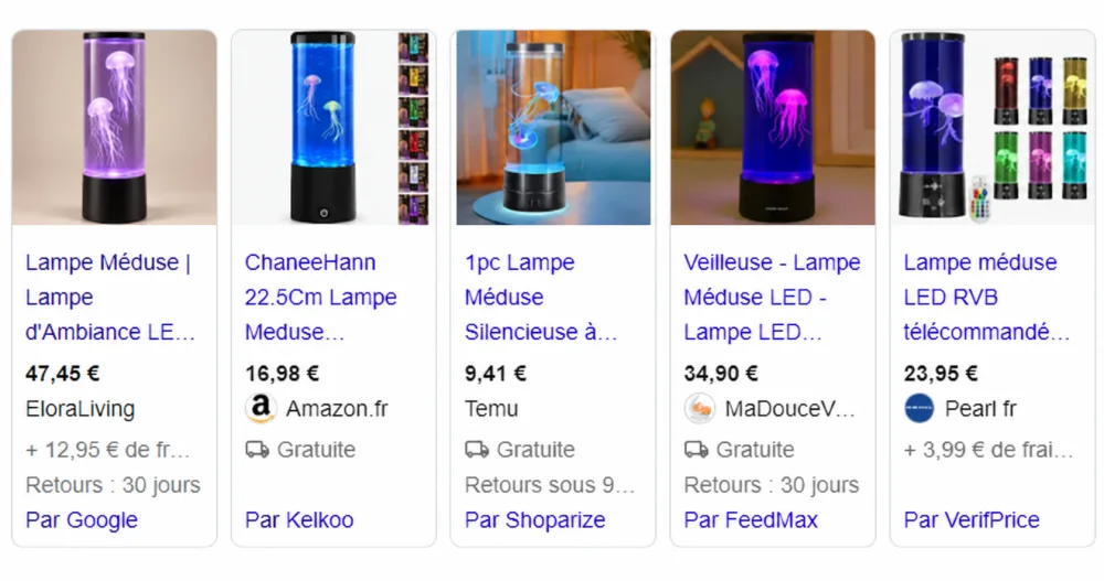 Lampes à lave ou lampes méduse : laquelle choisir pour une décoration hypnotique ? 4 Groupe de cinq photos publicitaires montrant des lampes méduse à lave dans diverses couleurs sur fond clair ou neutre.