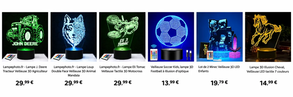 Lampes 3D : les modèles les plus originaux pour décorer votre intérieur 3 Six lampes 3D alignées sur fond sombre, représentant tracteur vert, loup, moto-cross, balle de football bleue, blocs style Minecraft et cheval doré.