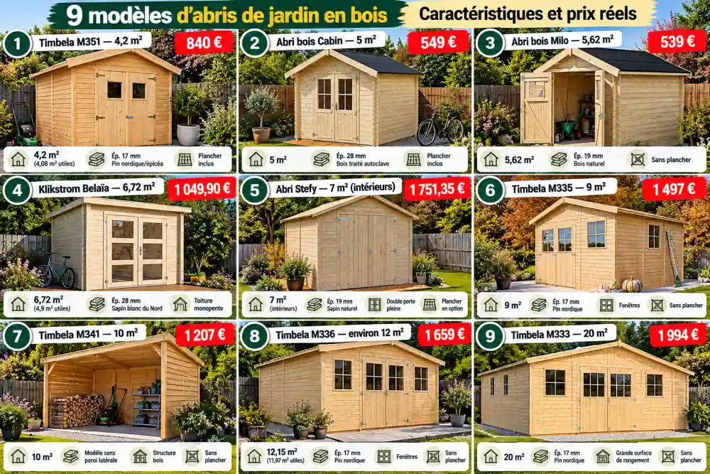 Vue d’ensemble de neuf abris de jardin en bois alignés, avec différentes portes et fenêtres