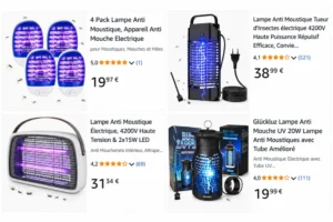 Lampe anti-moustique : quels modèles sont réellement efficaces ? 4 quatre cartes produit affichant des lampes anti-moustiques bleues avec lumière ultraviolet, entourées de moustiques dessinés, fonds blanc