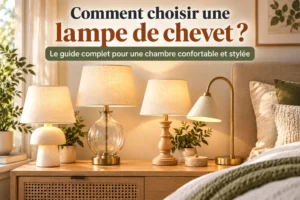 Quatre lampes de styles distincts alignées sur une table de chevet en bois, entourées de plantes et d'un cadre au mur.