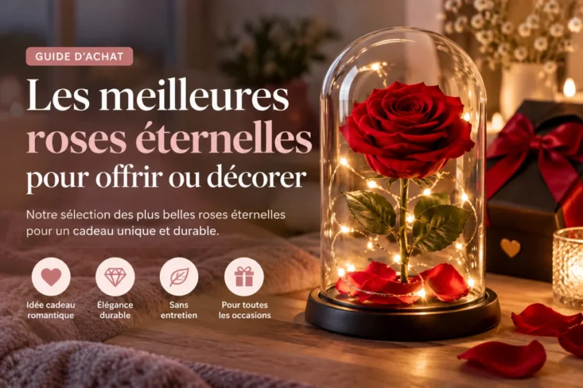 une rose rouge sous une cloche en verre entourée de guirlandes lumineuses sur une base ronde; à droite, cadeau sombre et fond chaud flou.