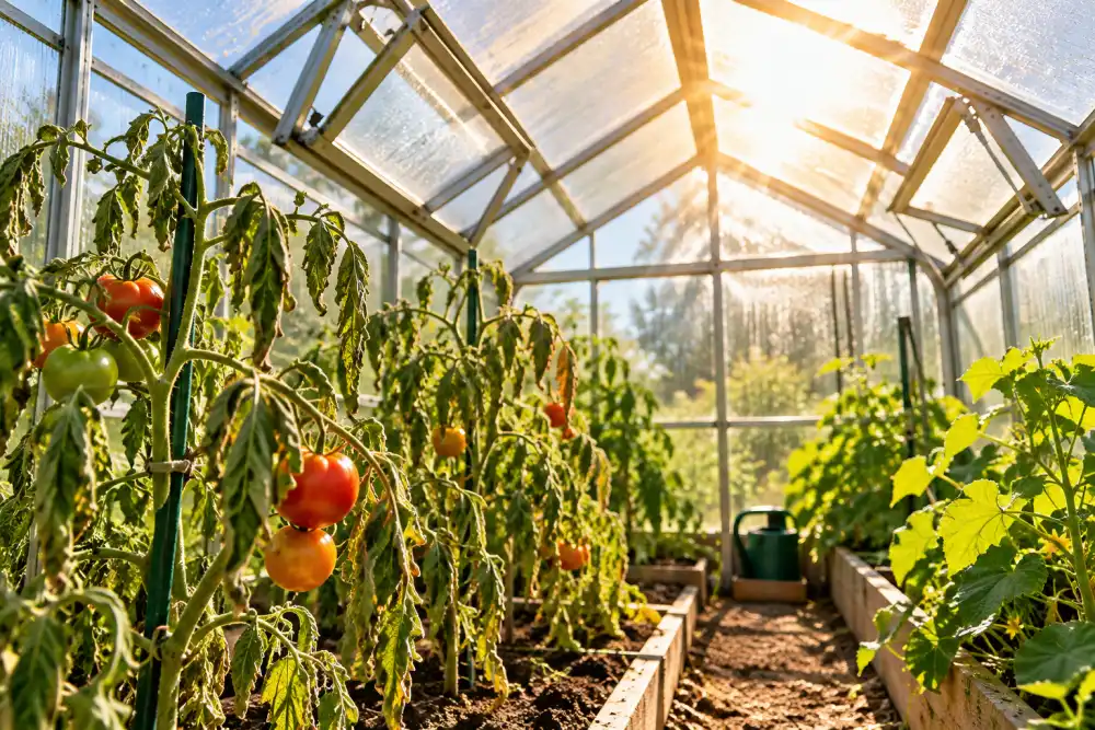 Rien ne pousse dans ma serre : causes et solutions pour relancer les cultures 2 intérieur d'une serre en verre, rangées de plants de tomate avec fruits rouges et verts, tiges haubanées par des supports, lumière dorée du soleil