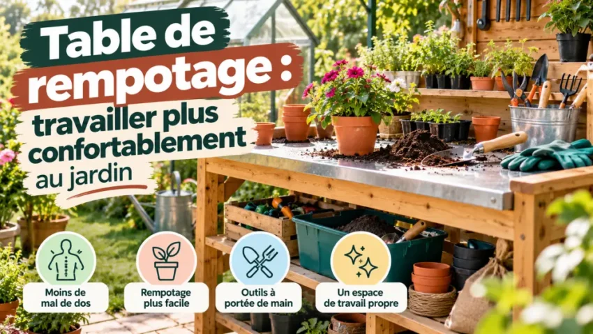 Table de rempotage : travailler plus confortablement au jardin 1 Table de rempotage en bois au premier plan, pots en terre et terreau visibles, outils et gants à proximité.