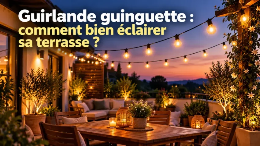 Guirlande guinguette : comment bien éclairer sa terrasse ? 9 Vue d'une terrasse extérieure au crépuscule: table en bois entourée de chaises, guirlandes lumineuses suspendues et végétation en pots.
