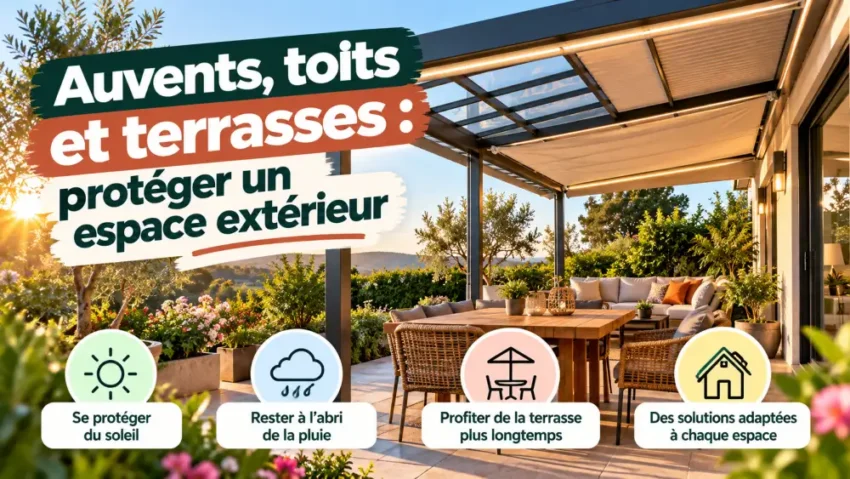 Comment couvrir une terrasse : auvent, pergola, prix et réglementation 3 Bannière lisible en haut à gauche affichant le texte 'Auvents, toits et terrasses : protéger un espace extérieur' sur terrasse lumineuse