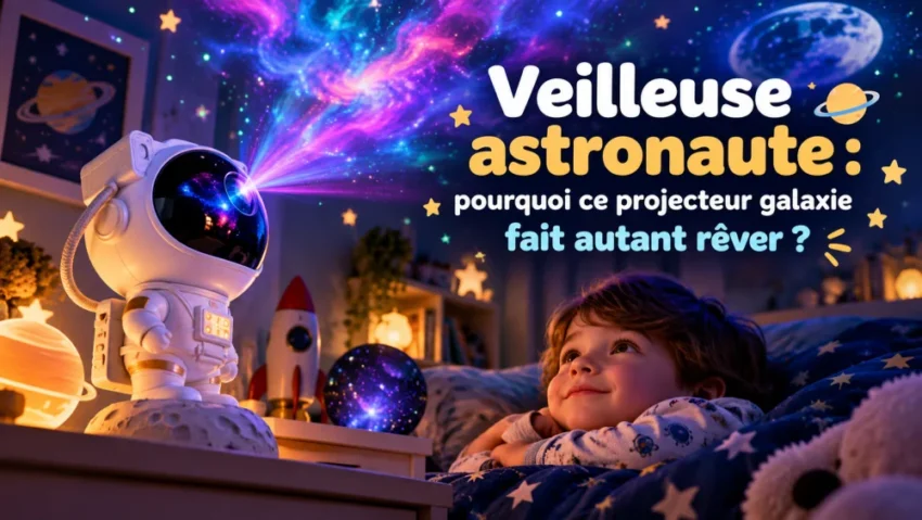 Veilleuse astronaute : pourquoi ce projecteur galaxie fait autant rêver ? 7 un enfant allongé dans son lit observe un casque d'astronaute projetant des nébules violettes sur le plafond étoilé, texte lisible en haut à droite