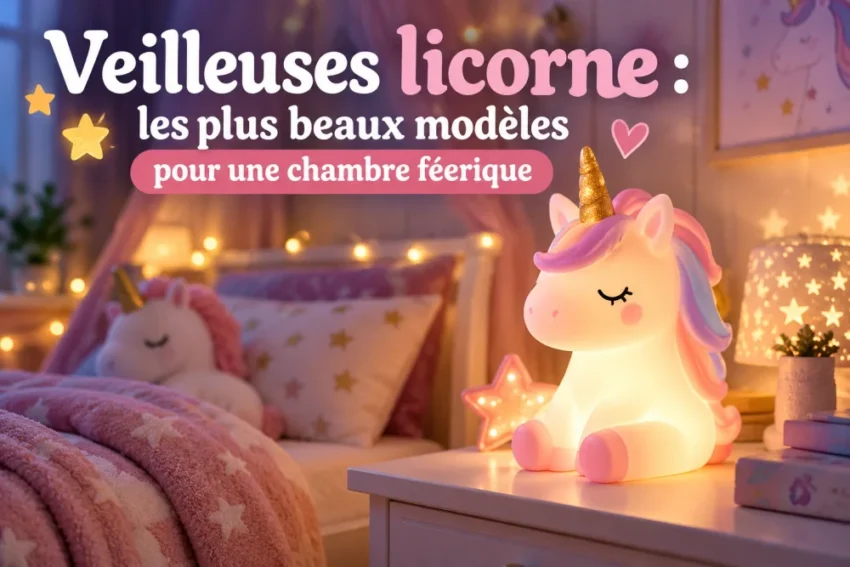 veilleuse licorne blanche avec criniere pastel et corne doree sur une commode blanche, arriere-lit rose, peluche licorne et guirlandes lumineuses chaudes