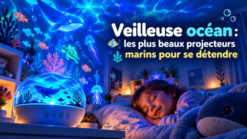 Veilleuse océan : les plus beaux projecteurs marins pour se détendre 8 un enfant dort paisiblement dans son lit, sous une veilleuse océan bleu qui projette des poissons et des coraux sur les murs