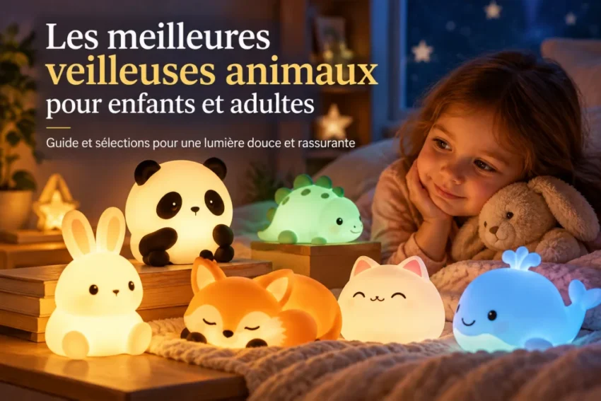 une jeune fille allongée sur le lit regarde des veilleuses animaux lumineuses, disposées sur la couverture